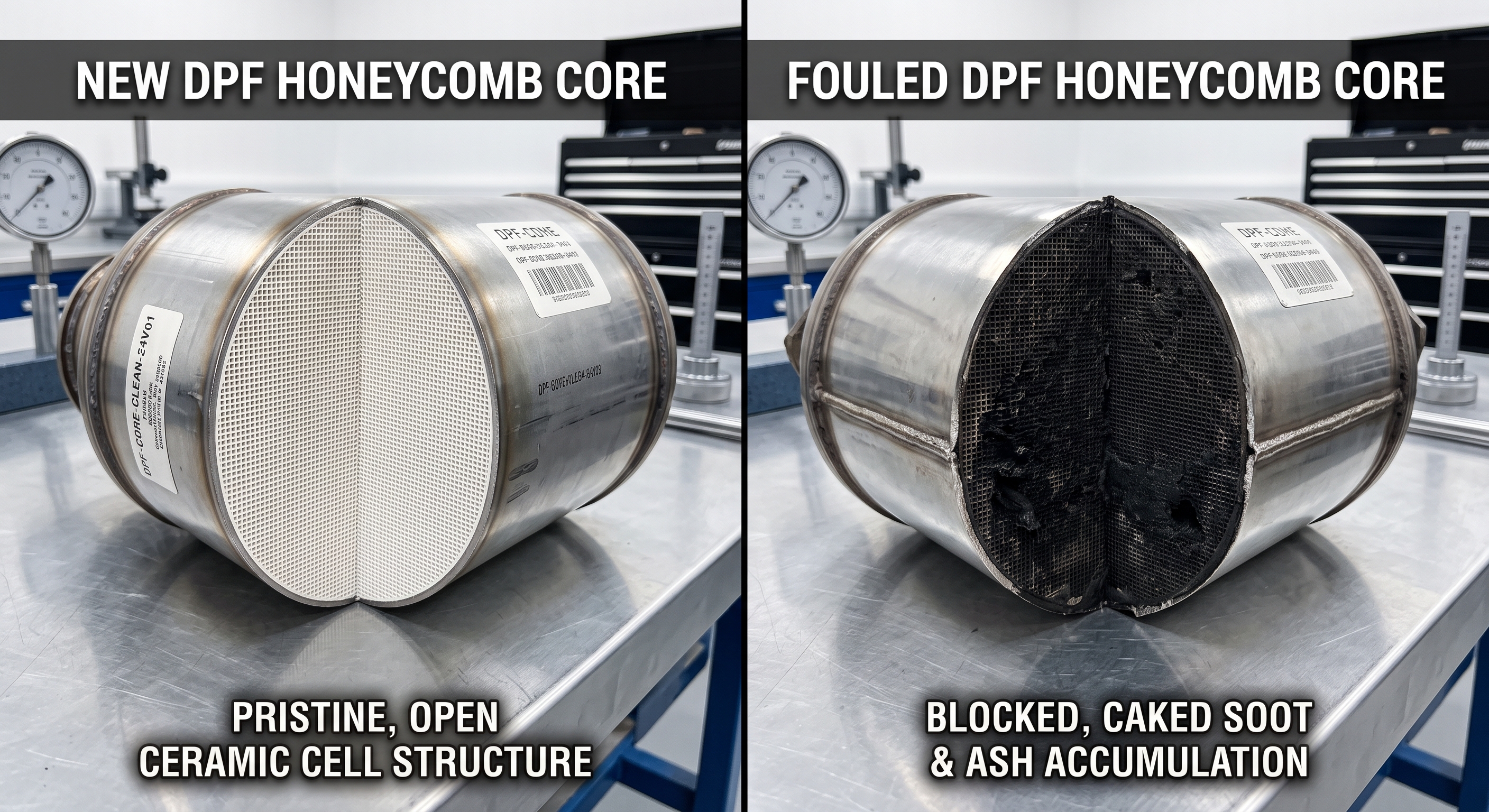 DPF compression photos. 1st is new DPF like celan honeycomb view and 2nd is damged due to soot, ash and other factors.