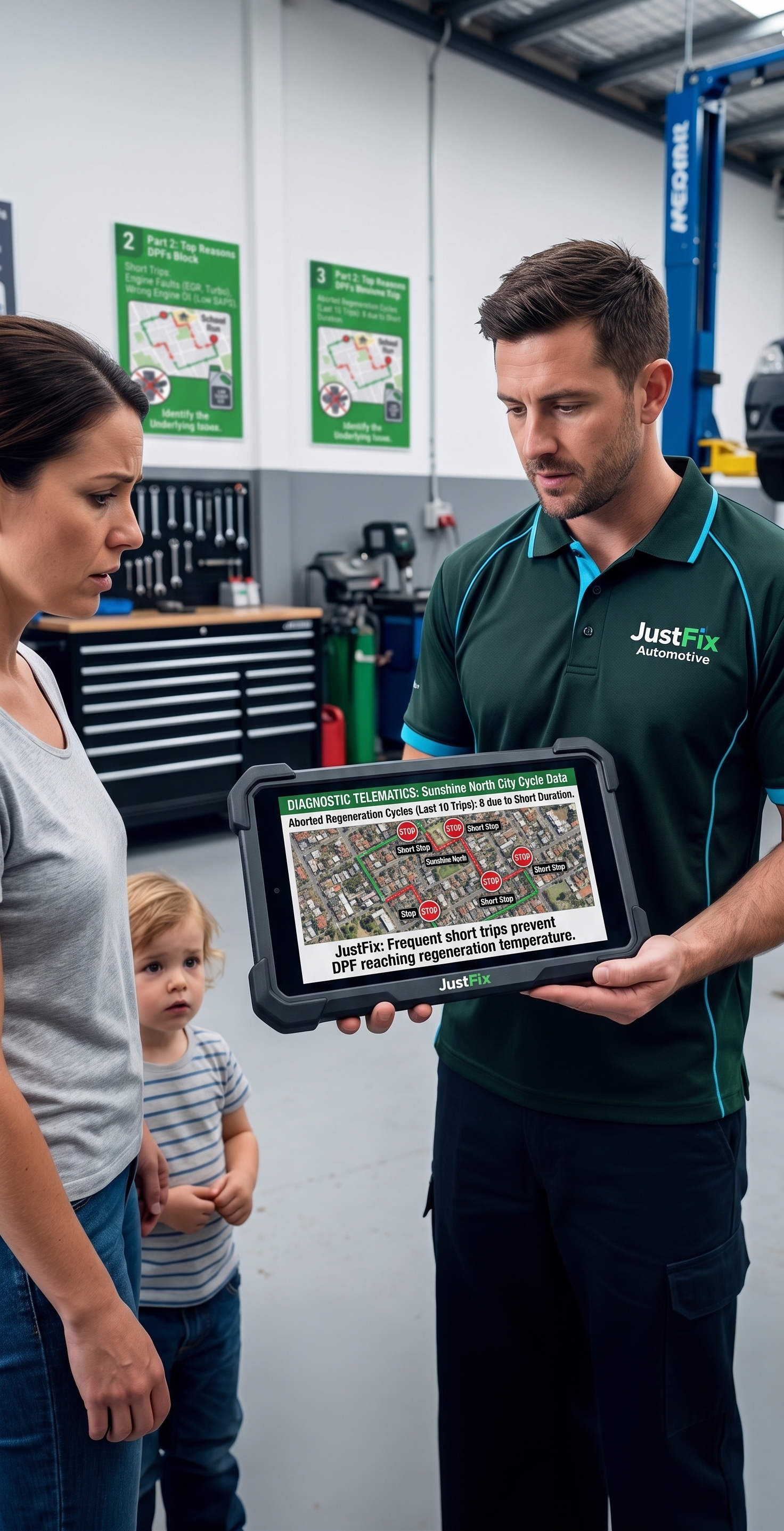 a mechanic at JustFix Automotive explaing customer how short trips can block the DPF on a diesel engine.