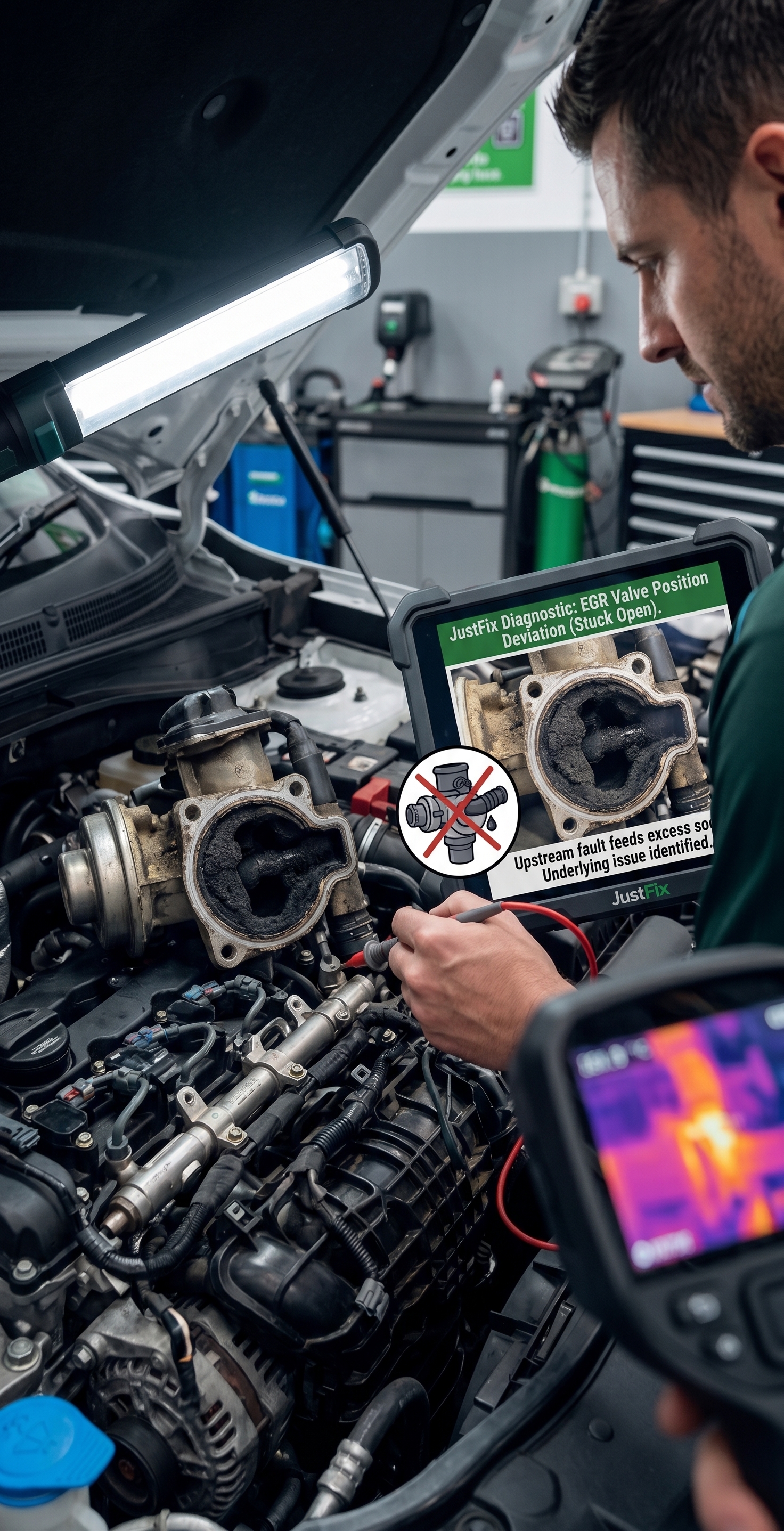 A mechanic at JustFix Automotive is diagnosis the EGR systems and other components related to DPF to find the root cause of DPF blockages