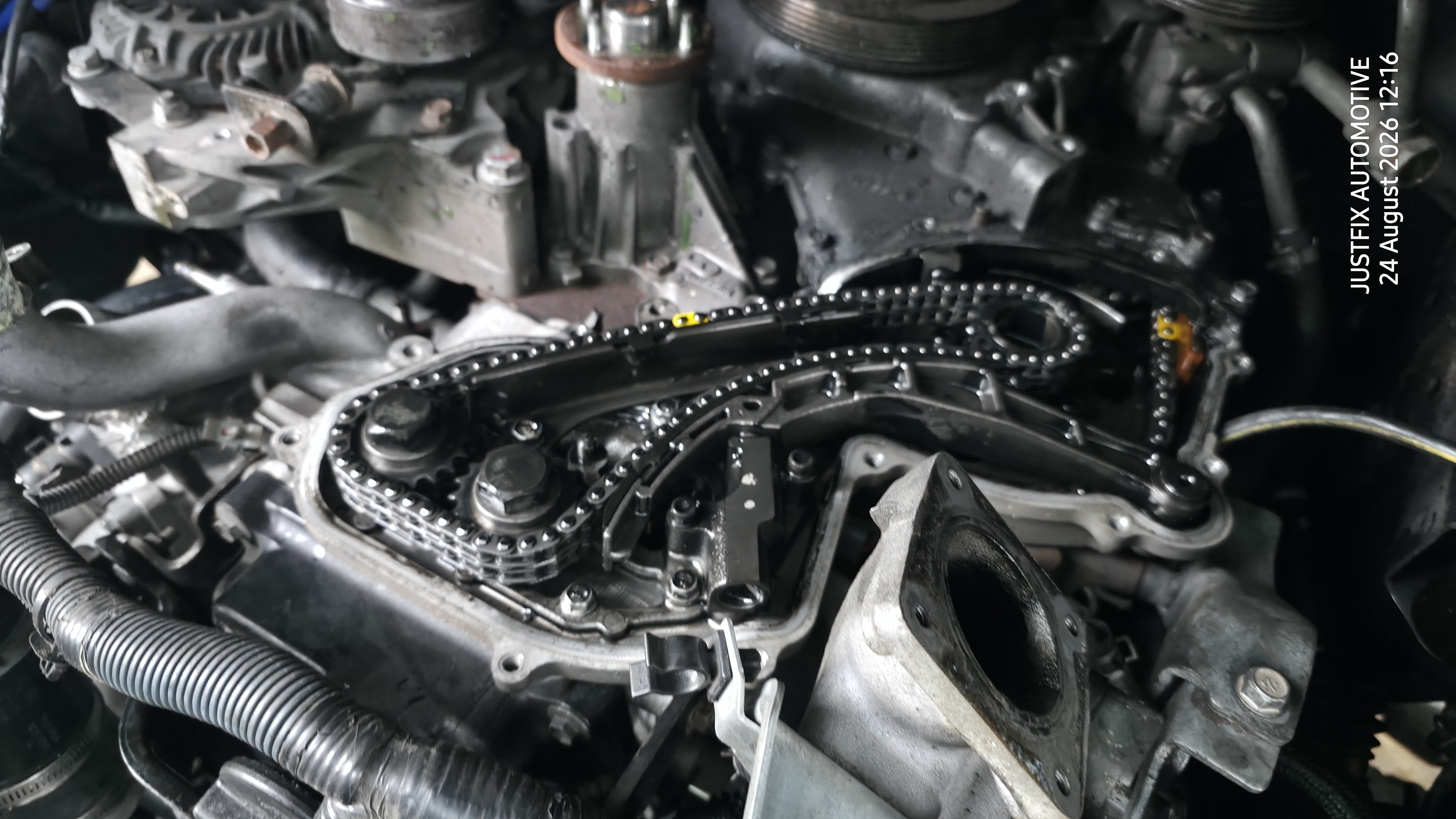 A brand new timing chain set up with correct timing on a Nissan Navara D40 at JustFix Automotive