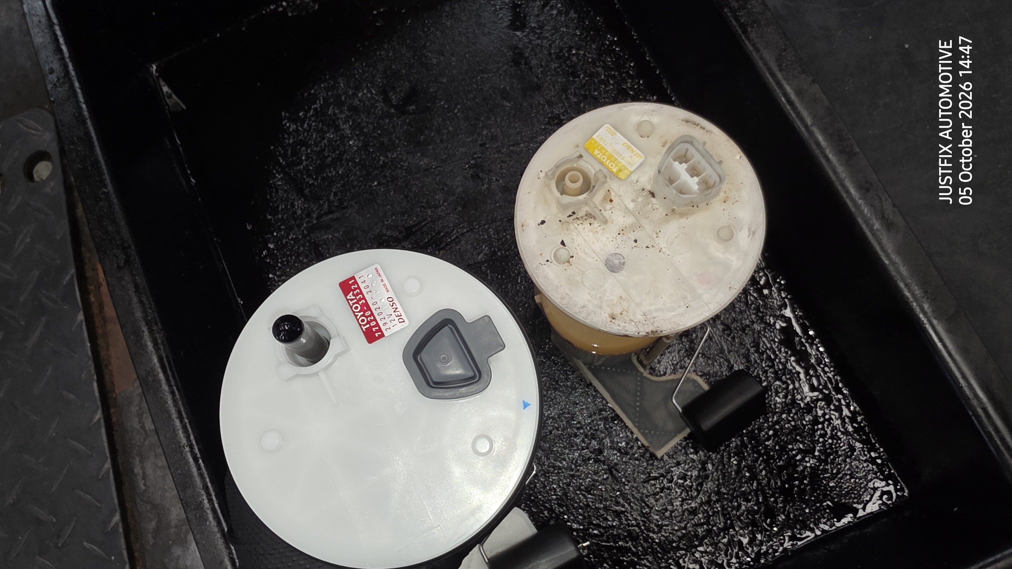 a comersion of old and new fuel filter assemblies of Toyota Camry 2013 at JustFix Automotive in Sunshine