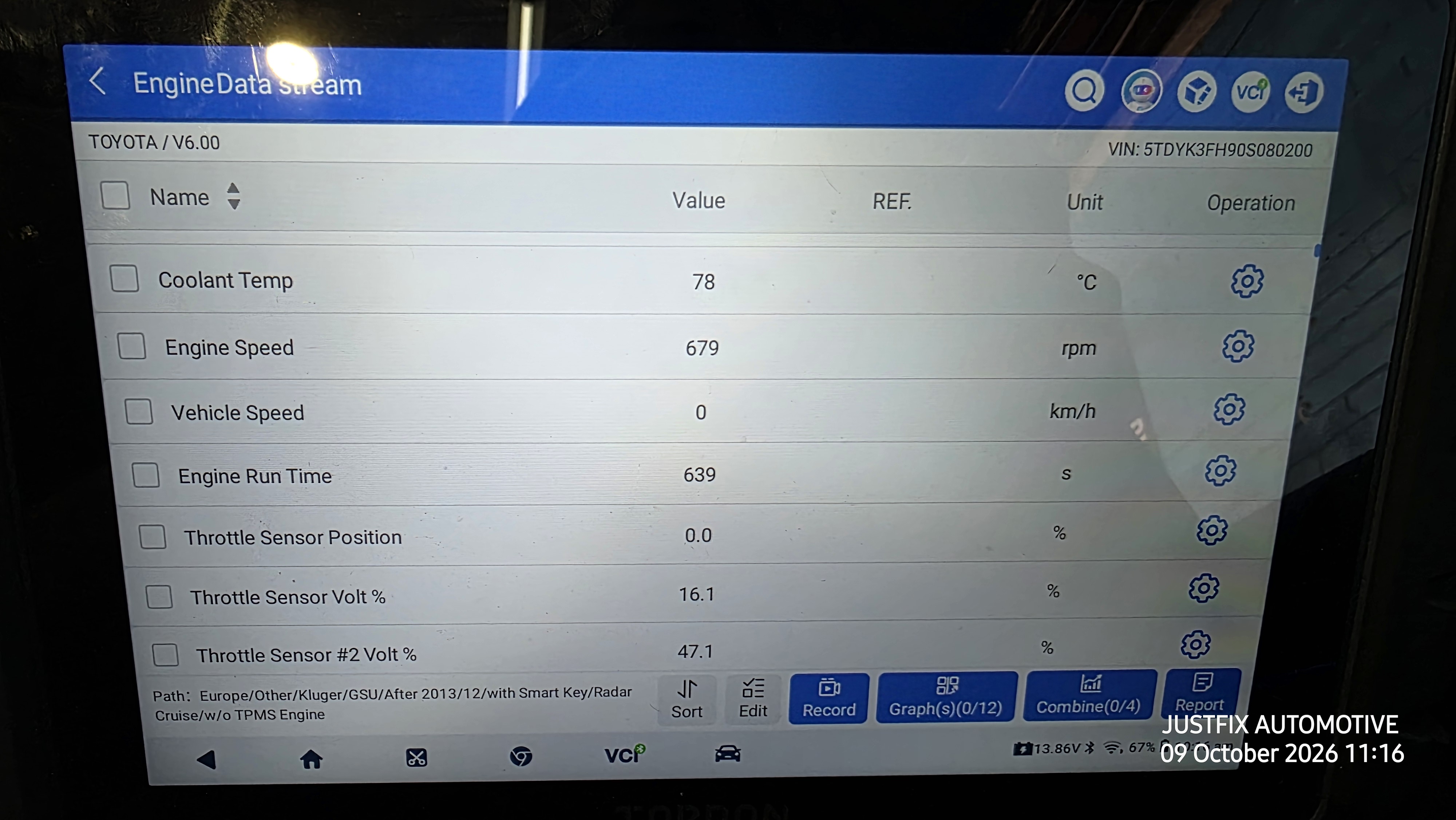 a photo of live data on a vehicle with Topdon One scanner at JustFix Automotive